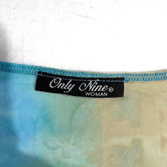 Only Nine Woman Top Metallic Thread Sparkle Floral Tye Dye Blue Green Brown - Picture 2 of 9